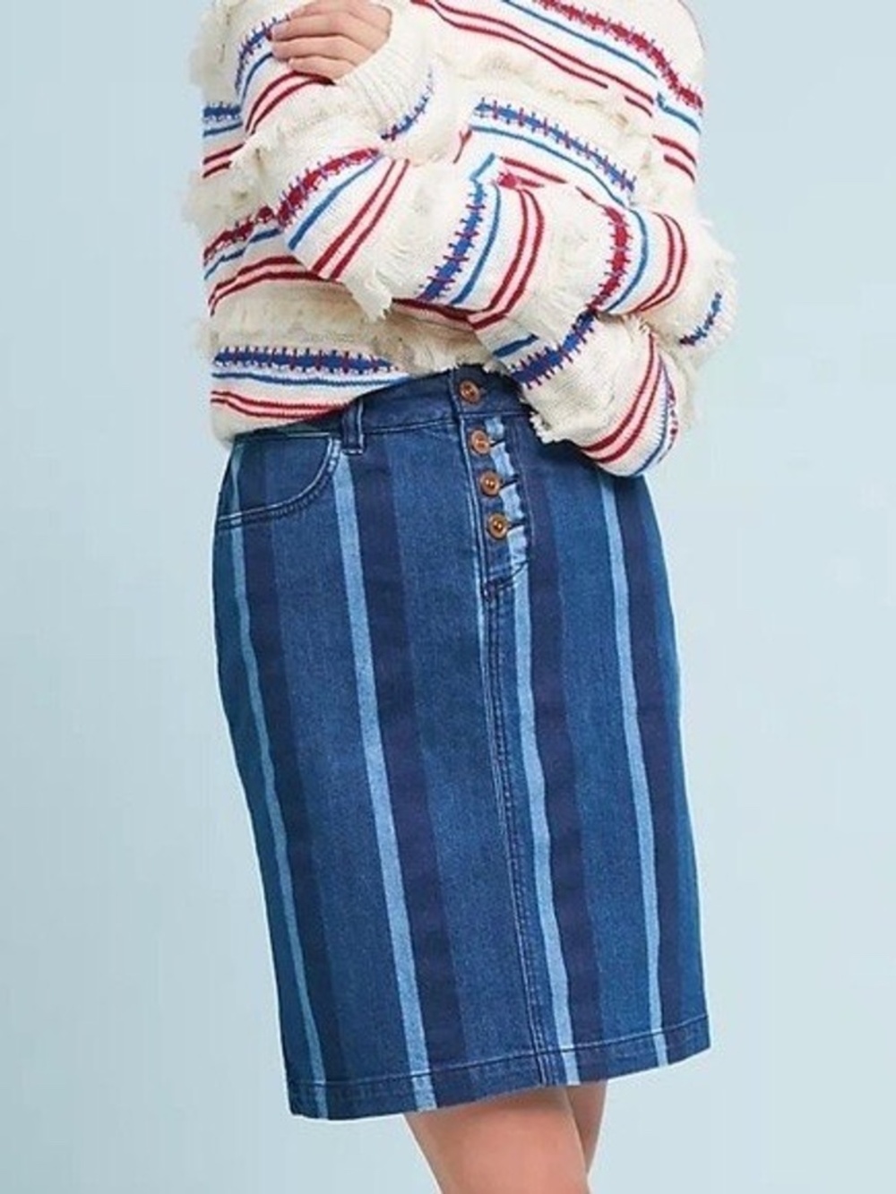 Anthropologie Maeve Denim Blue Striped Pencil Skirt Size 10